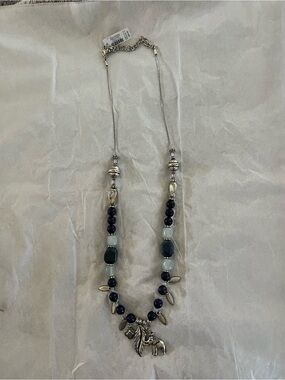Chico’s Long Beaded Necklace - Silver & Dark Blue featuring 3 charms